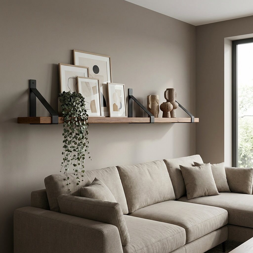 Wooden picture ledge with framed art and a plant above a grey sectional sofa