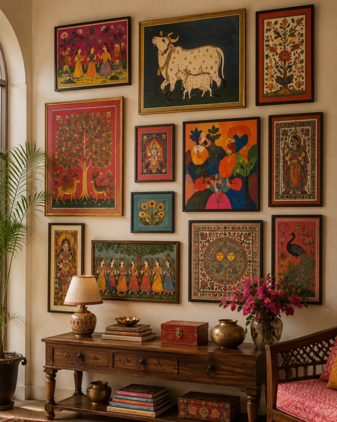 Mixed gallery wall with colorful framed art above a wooden console table.