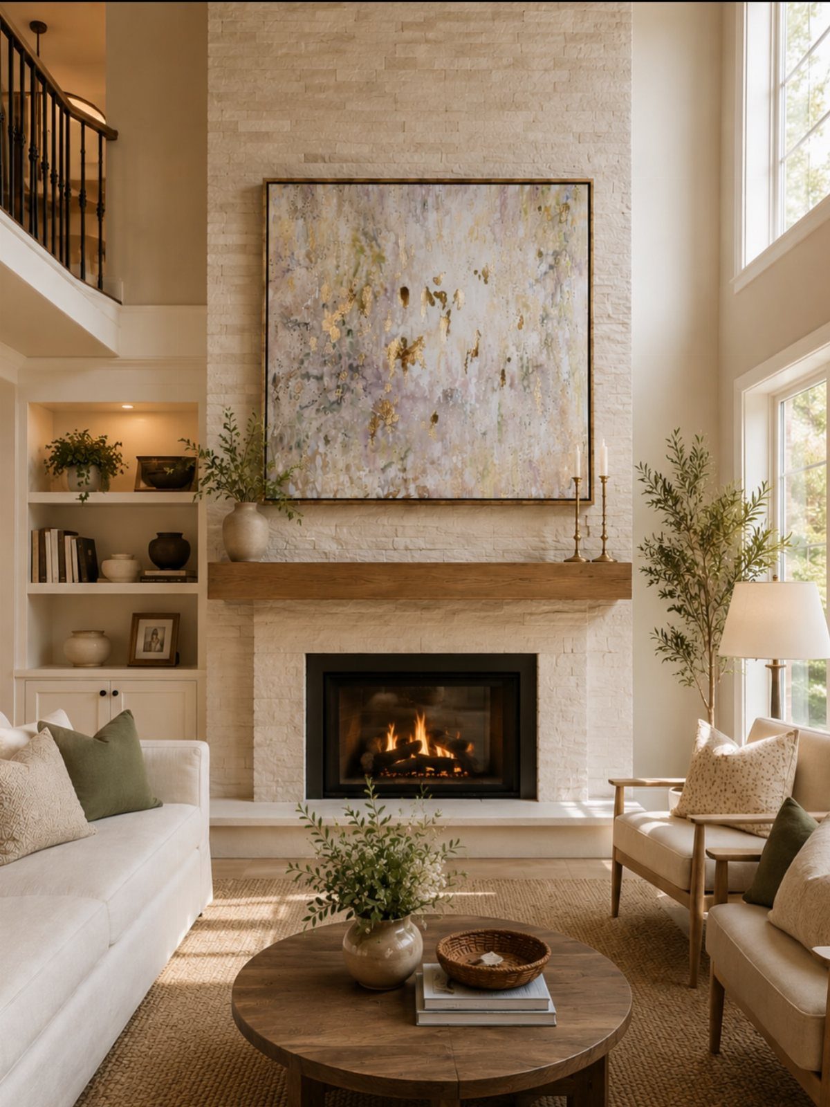 Large abstract painting hanging on a stone wall above a fireplace and wooden mantel.