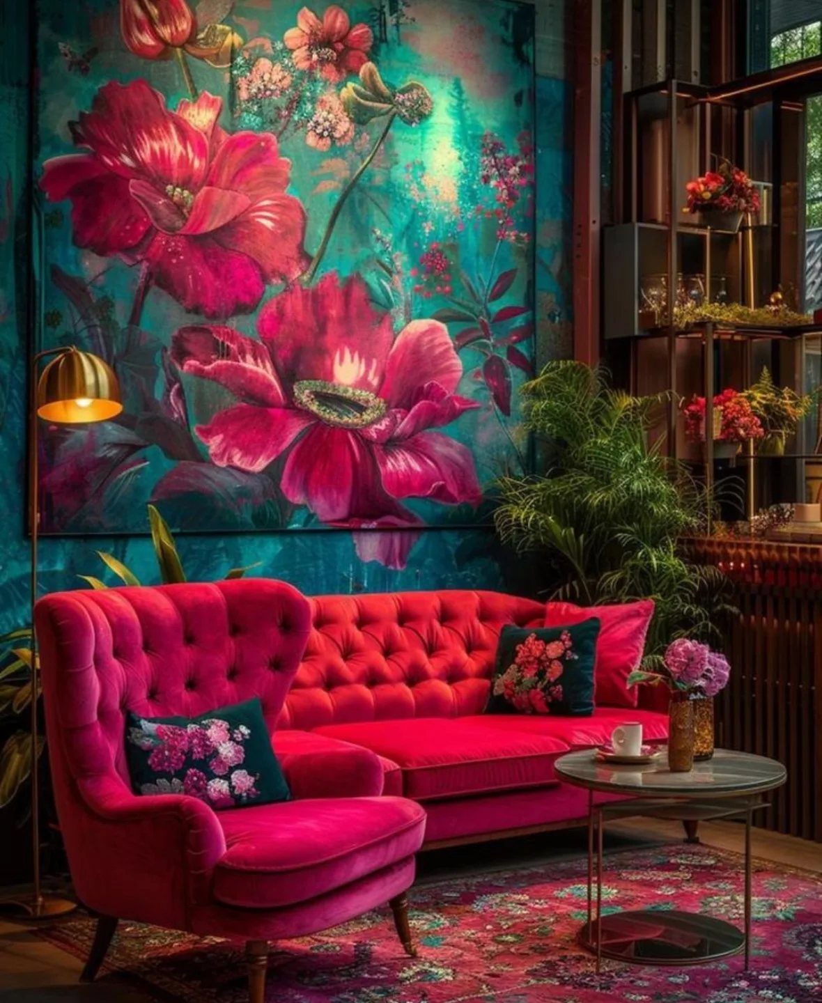 Red tufted velvet sofa and armchair in a room with large floral art.