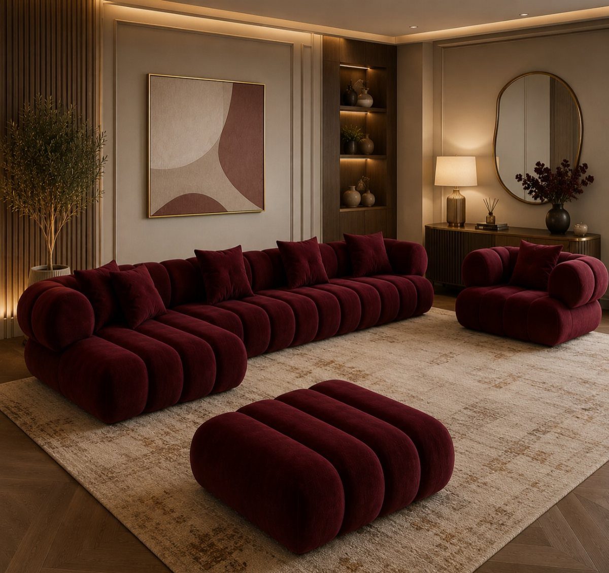 Deep red modular sectional sofa and ottoman in a neutral beige living room