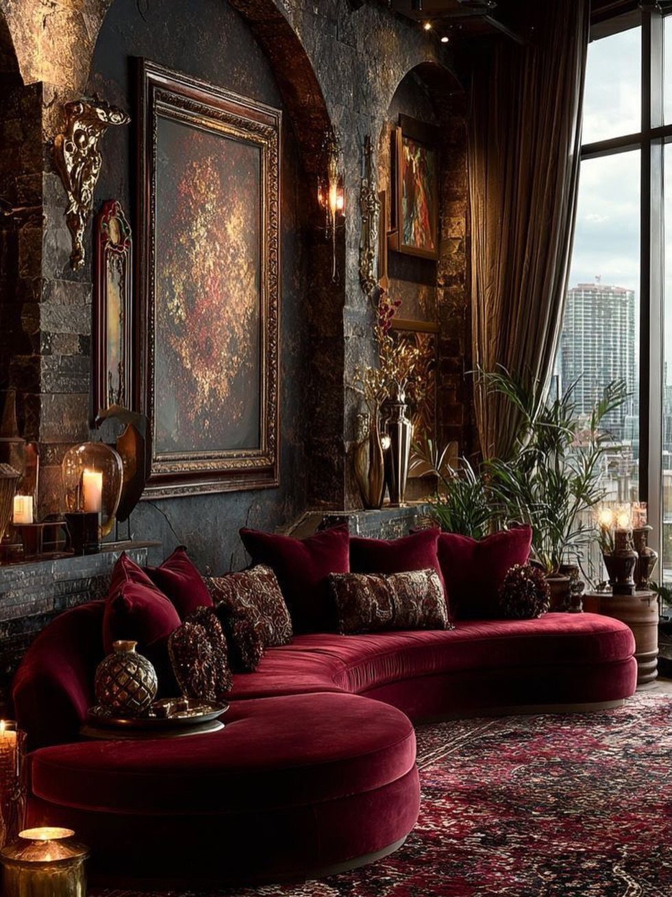 Curved red velvet sofa in a dark, opulent living room with gold paintings.