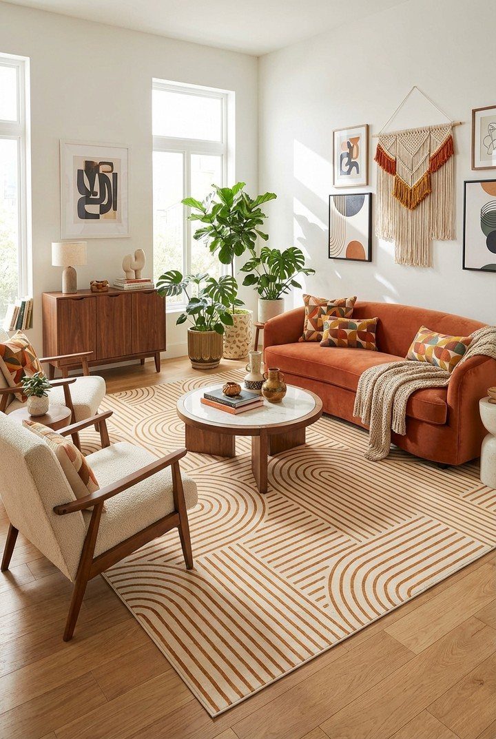 Orange-red couch in a bright living room with mid-century modern furniture and plants.