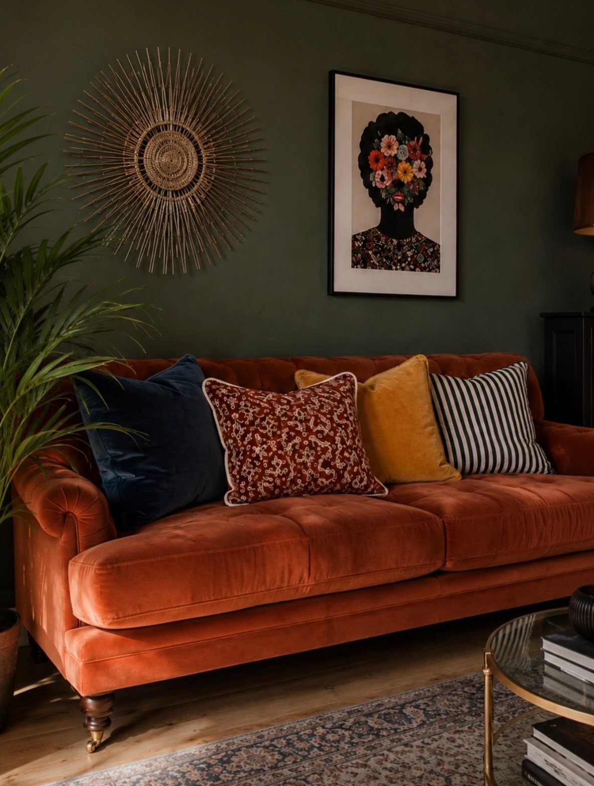 Rusty red velvet sofa with colorful pillows against a dark green wall.