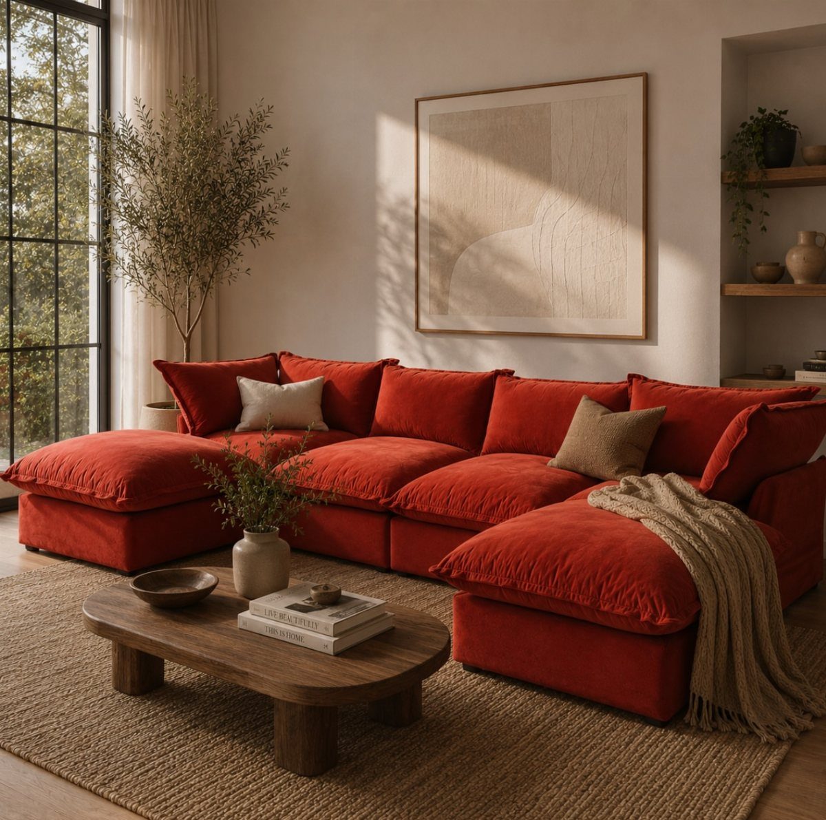 Large red sectional sofa with throw pillows in a bright, minimalist living room