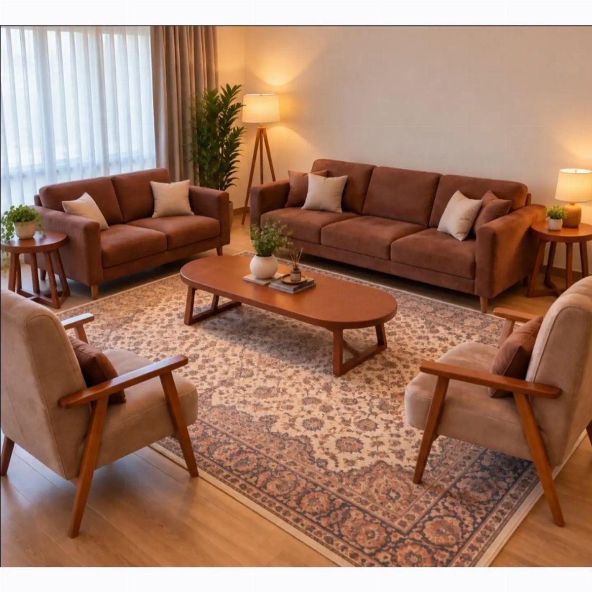 Patterned area rug centered under a wooden coffee table in a living room.