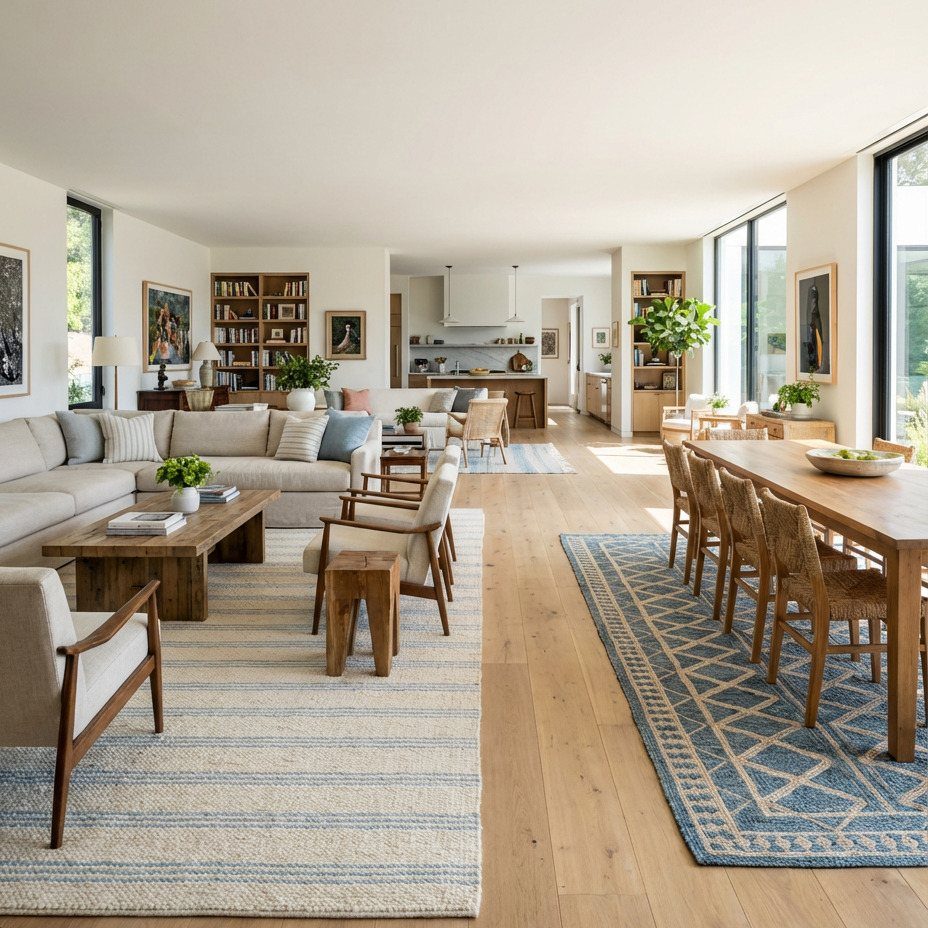 Living room and dining area featuring two large blue area rugs on wood floors