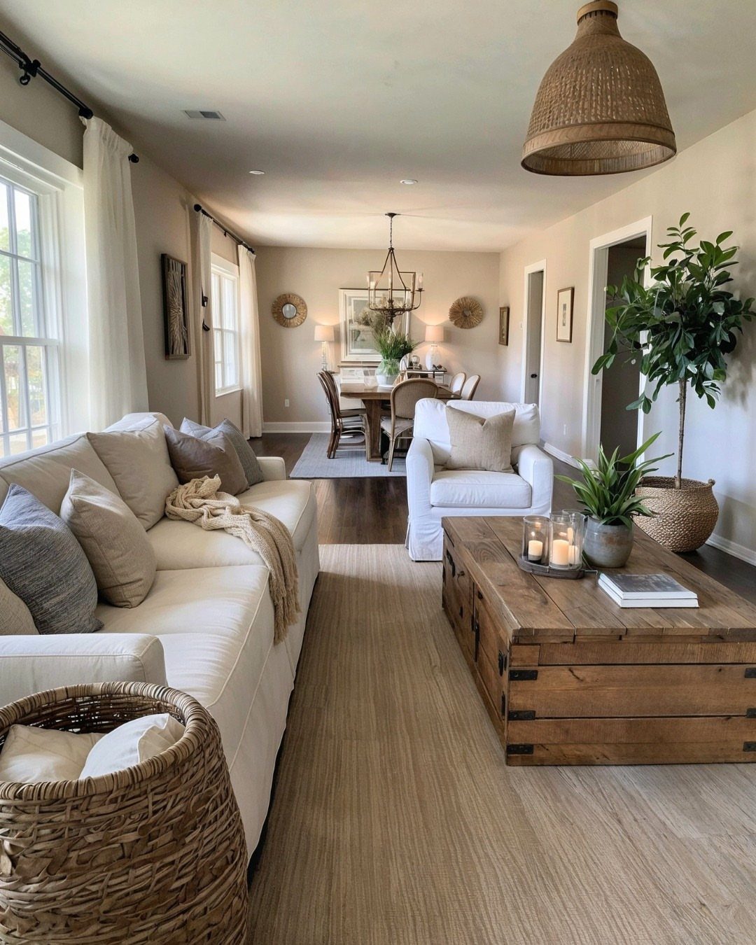 Living room with a beige runner rug, white sofa, and wooden coffee table.