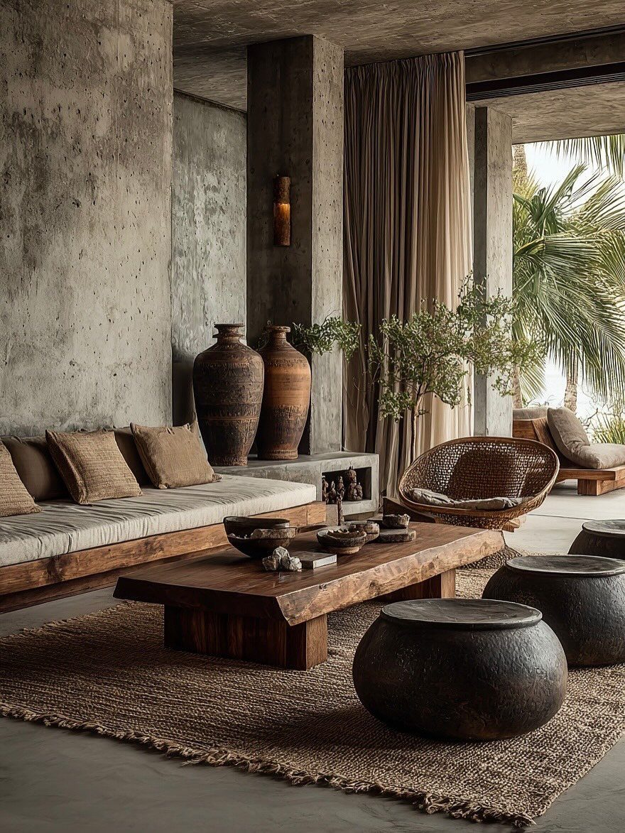 Rustic living room featuring earthy tones with concrete walls and wooden furniture.