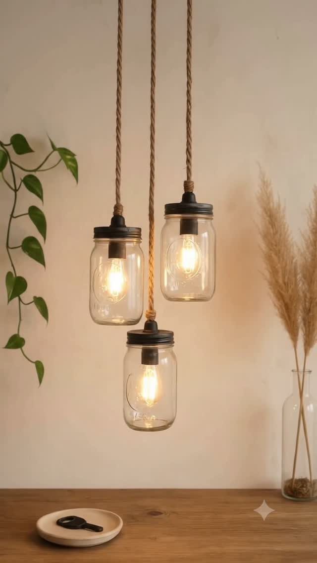Three mason jar pendant lights hanging from ropes over a wooden table.
