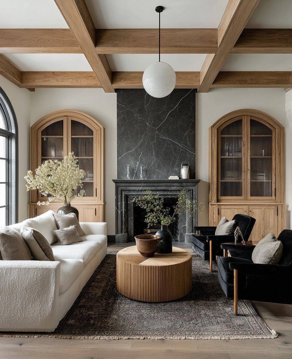 Rustic contemporary living room with wooden beams, black marble fireplace, and white sofa.