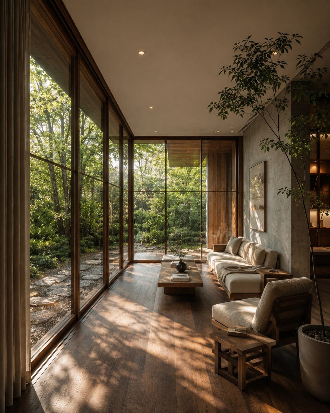Floor-to-ceiling glass windows in a modern living room overlooking a dense green forest.