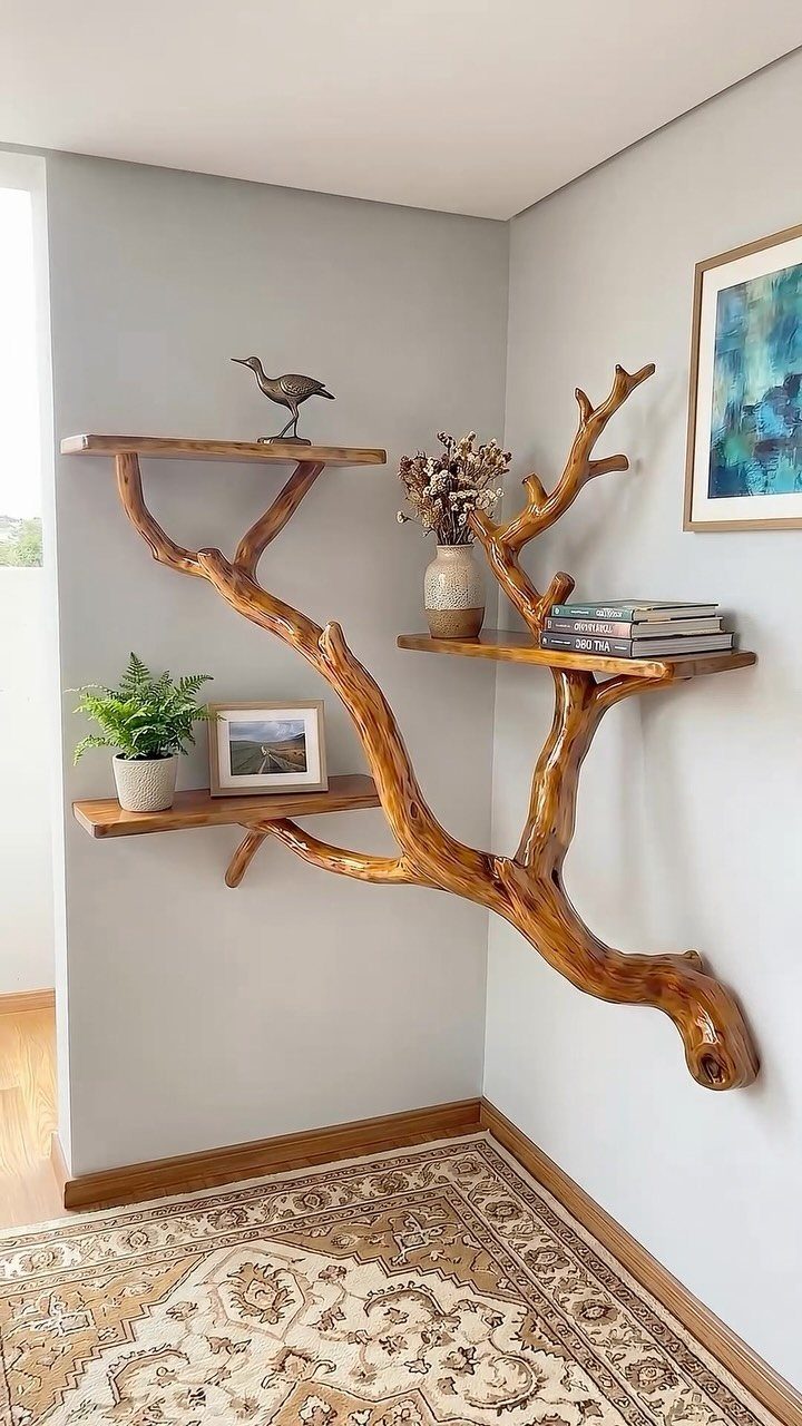 Tree branch wall shelves holding a small plant, books, and decorative ornaments.