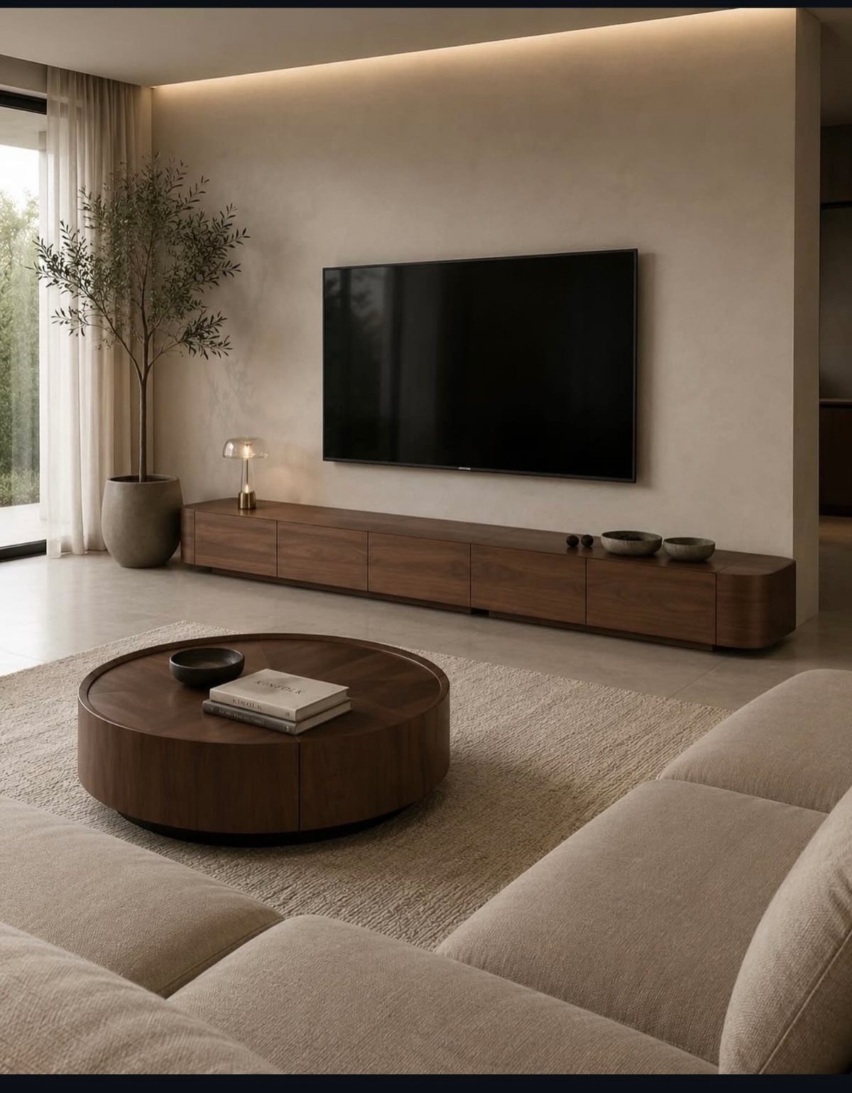 Round dark wood coffee table in a modern living room with beige sectional sofa