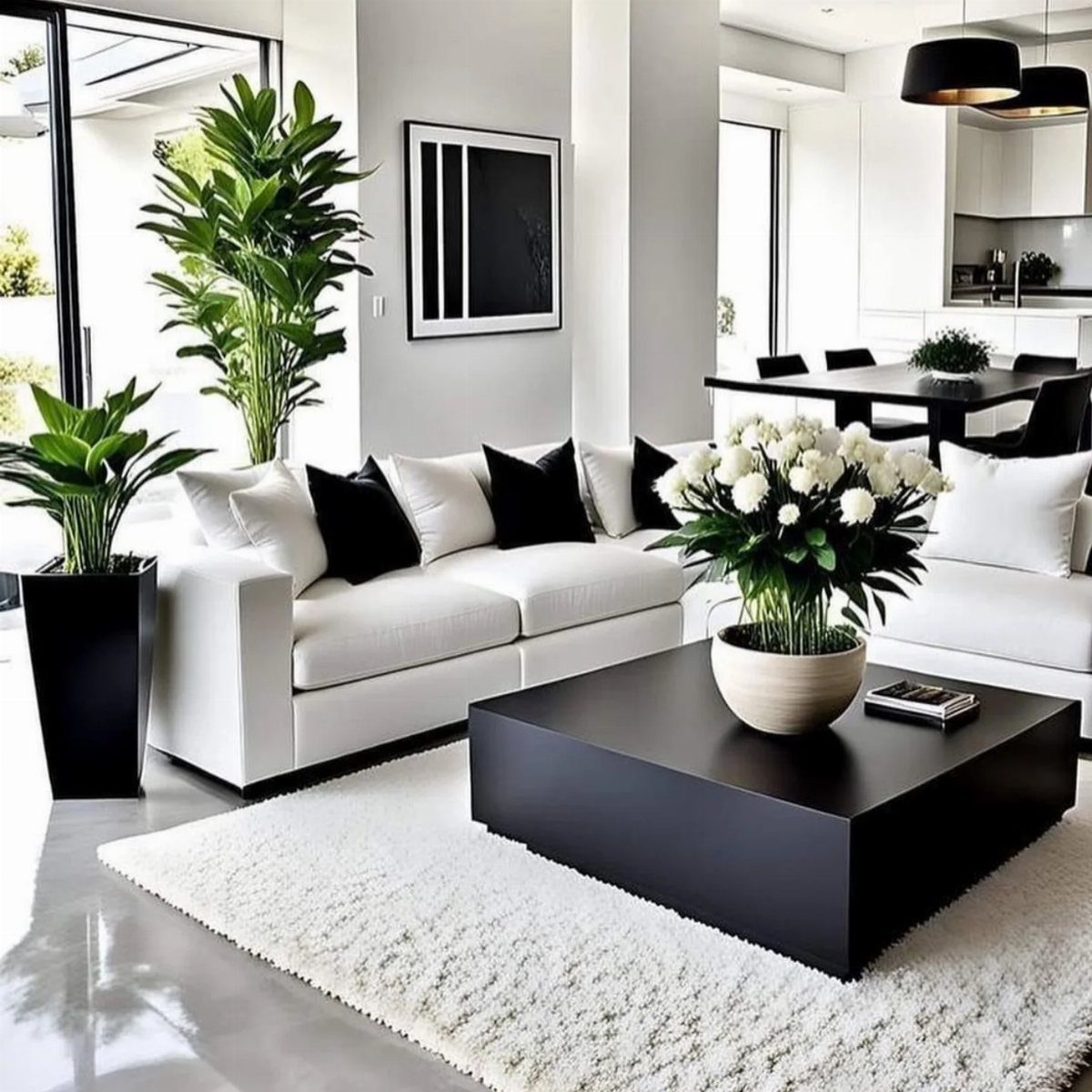 Black square coffee table with white flowers in front of a white sectional sofa.