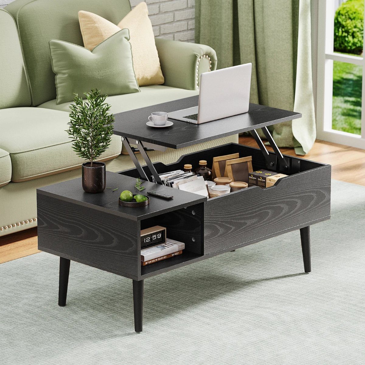 Black wooden lift-top coffee table with open storage compartments in a living room