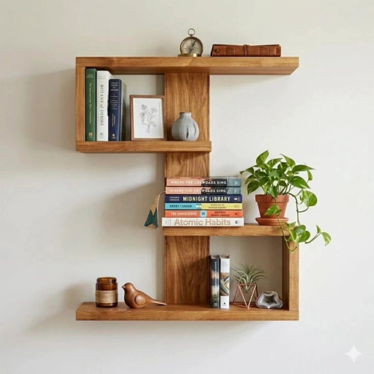 Wooden wall shelf unit with books, a plant, and decorative objects on white wall