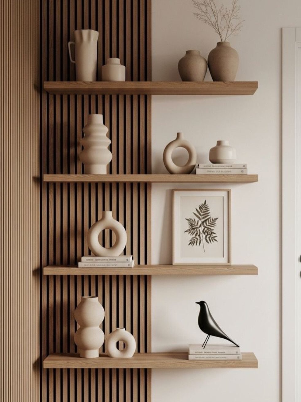 Thick wooden floating shelves with ceramic vases and decor against a slat wall.