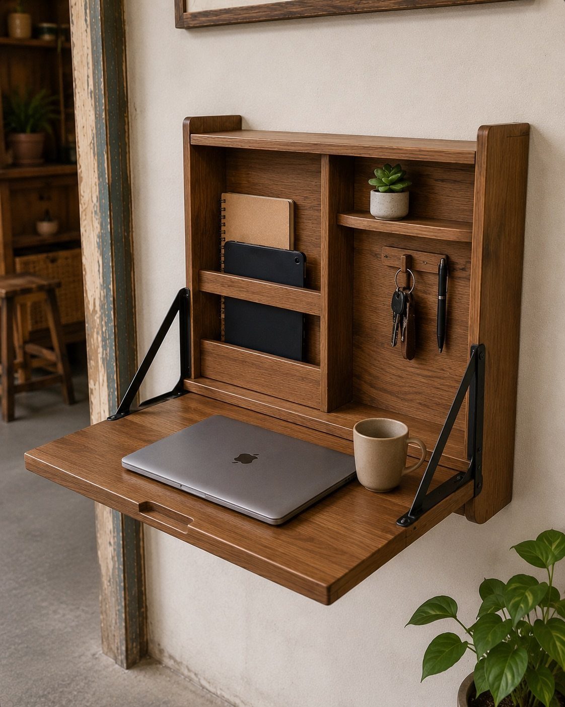 Wall-mounted wooden foldable table with a laptop and mug in a small space