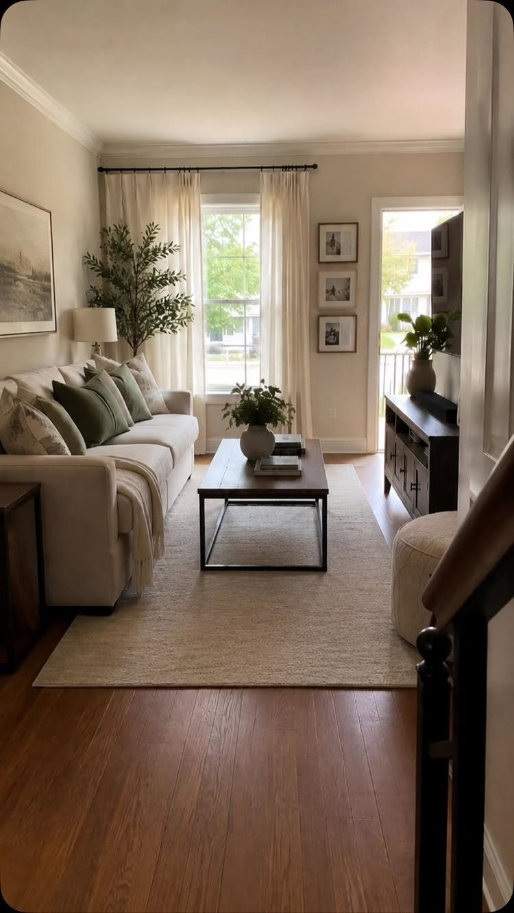 White sofa with green pillows and a wooden coffee table in a bright living room