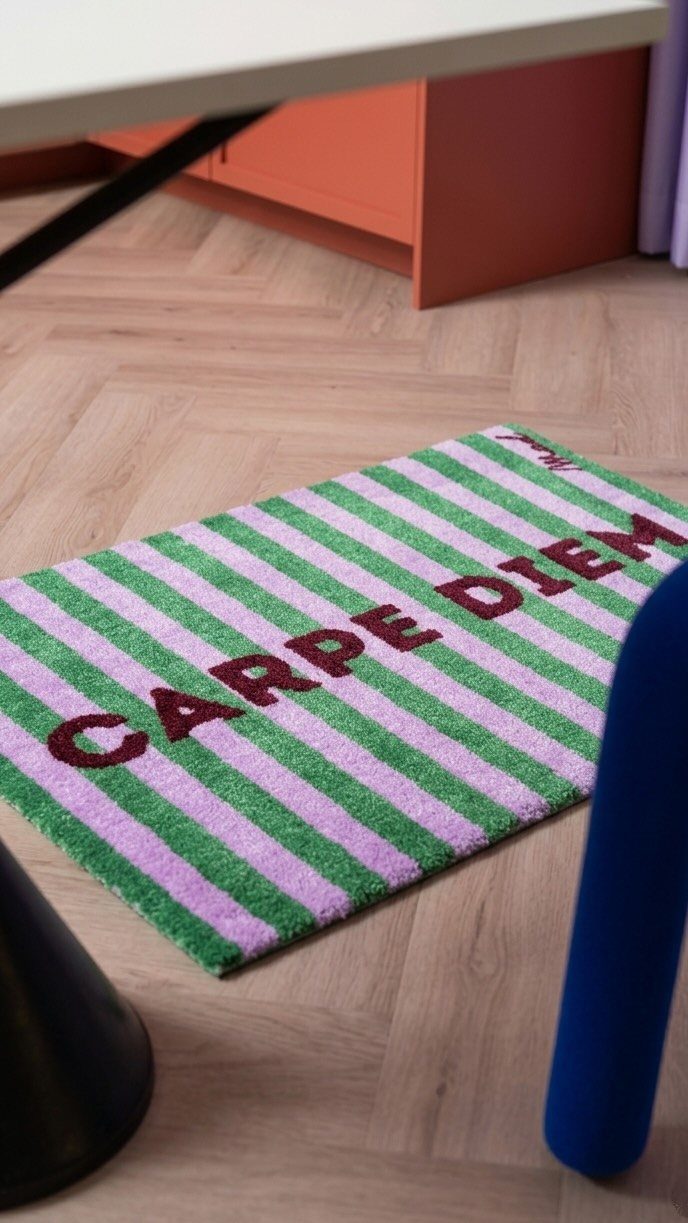 Striped green and purple rug with red text on herringbone wood flooring