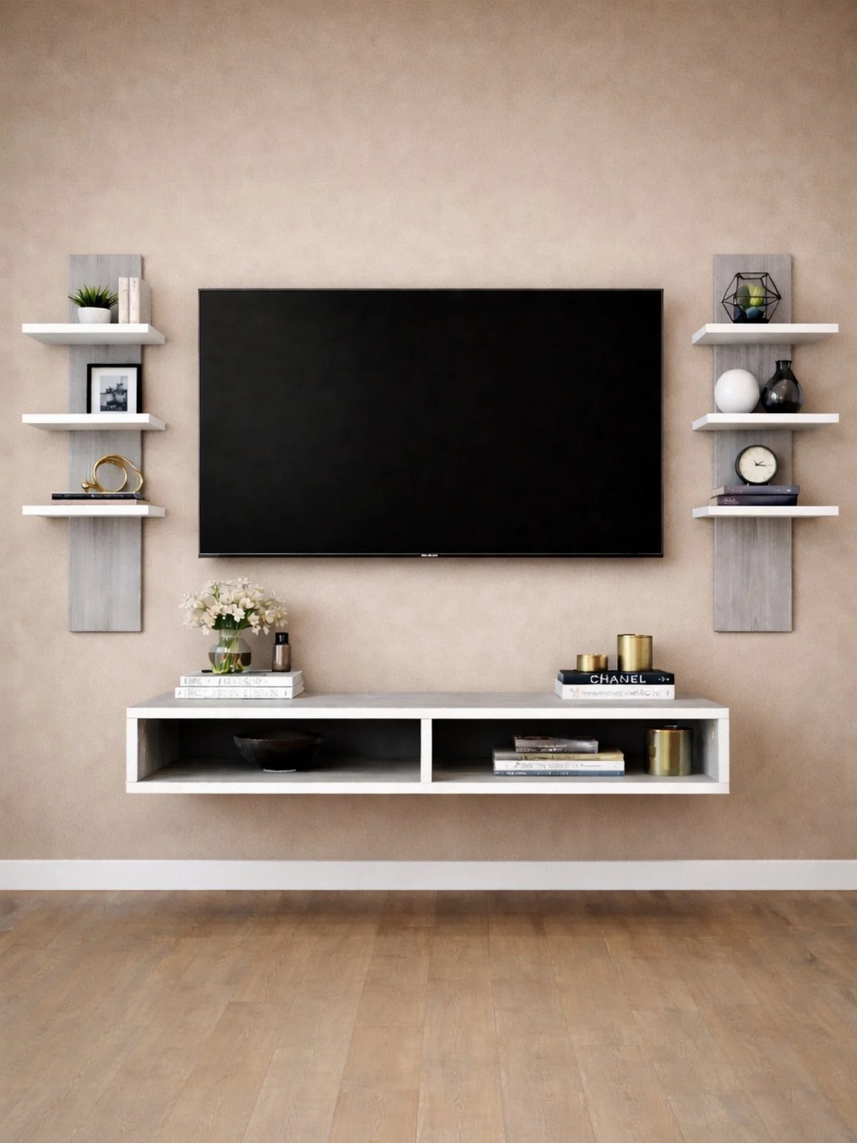 Wall-mounted black TV with white floating shelves and a matching floating media console.