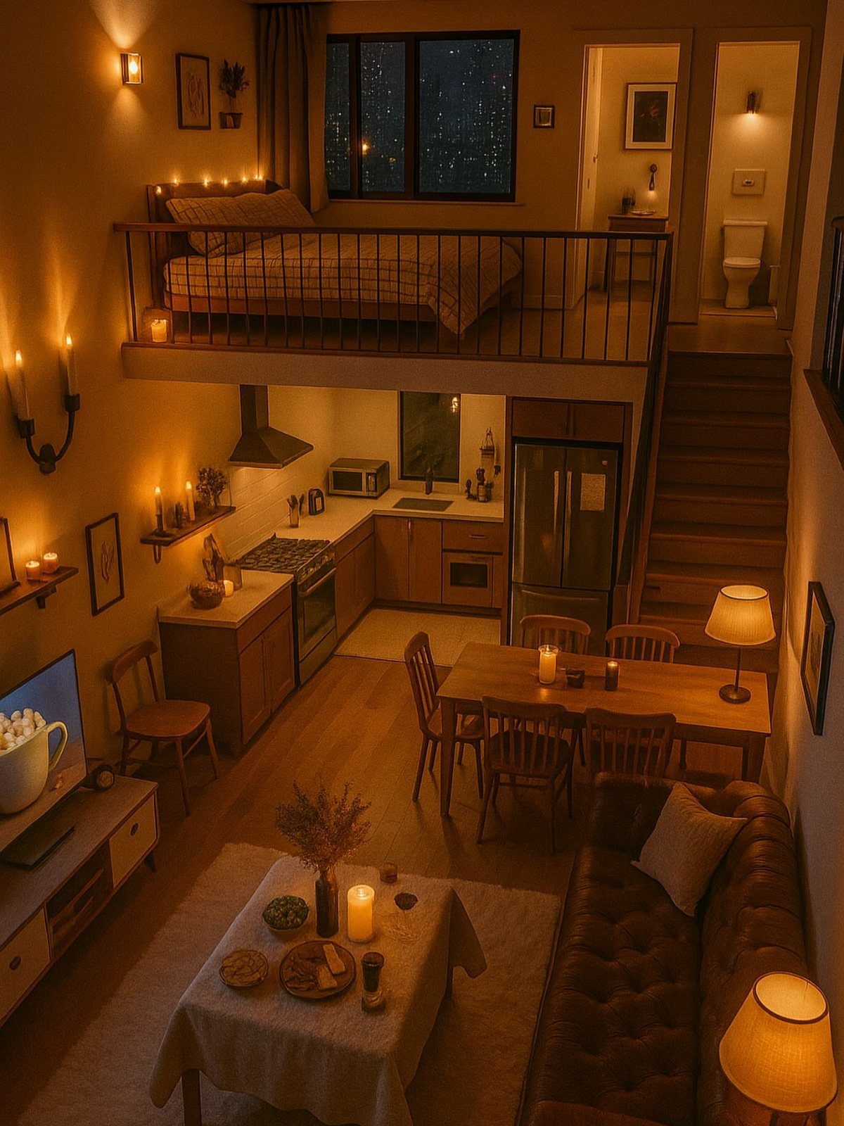 Small studio apartment with loft bed and warm wall sconce lighting throughout.