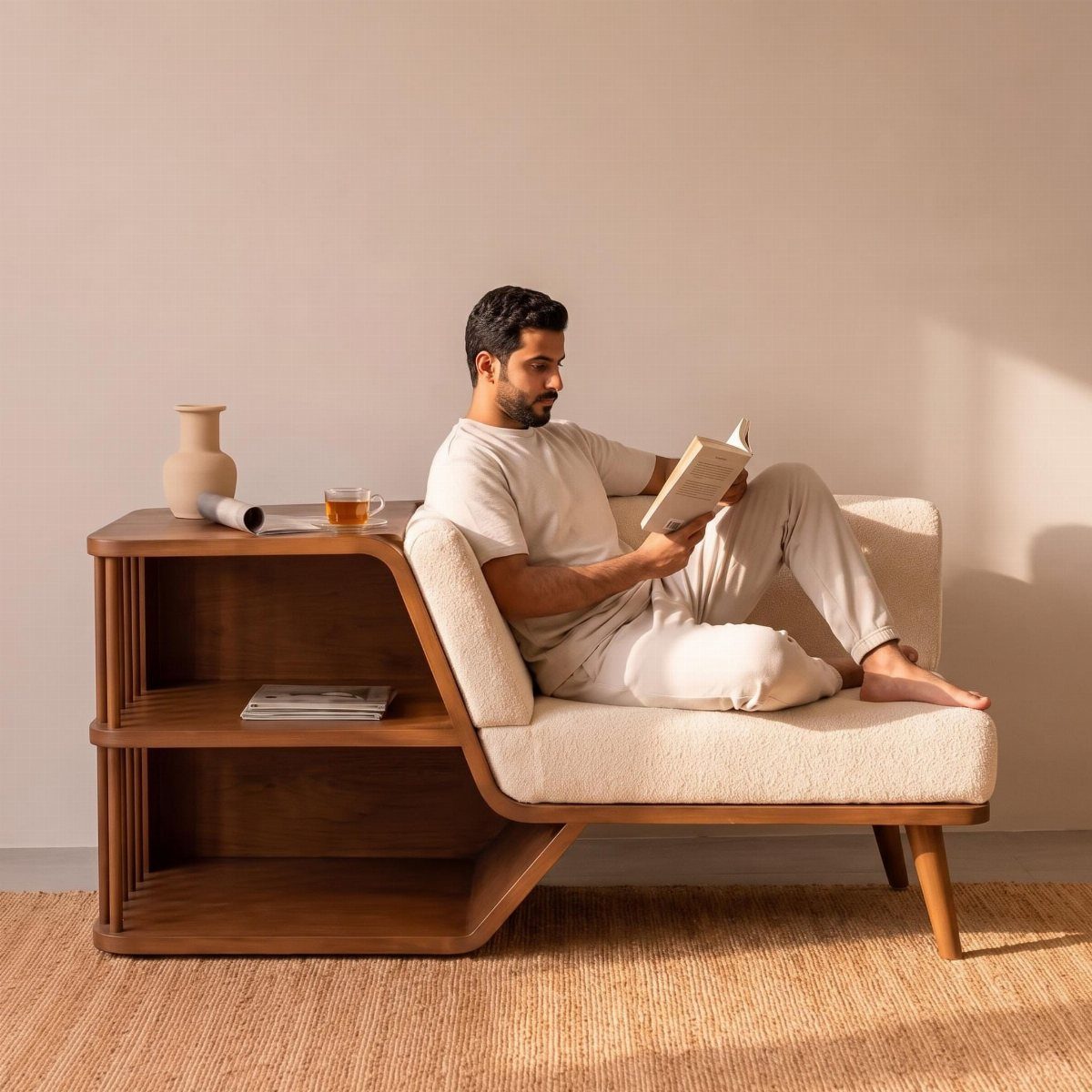 Man reading a book on a cream sofa with integrated wooden shelving and rug