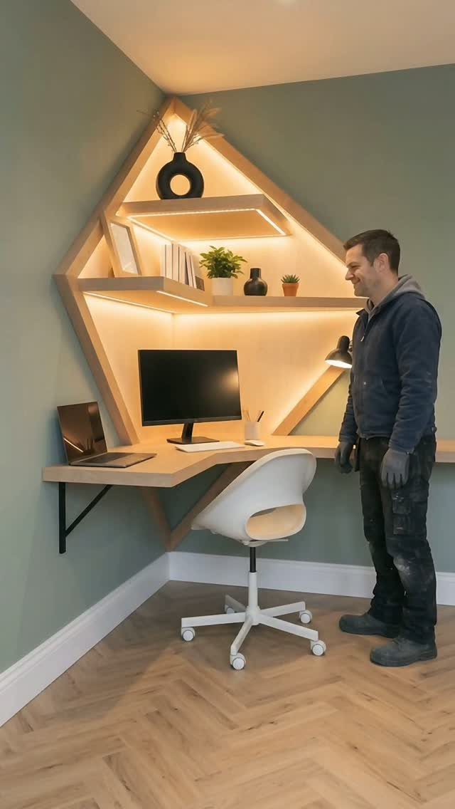 Custom geometric wooden desk and shelving unit with integrated lighting in a corner