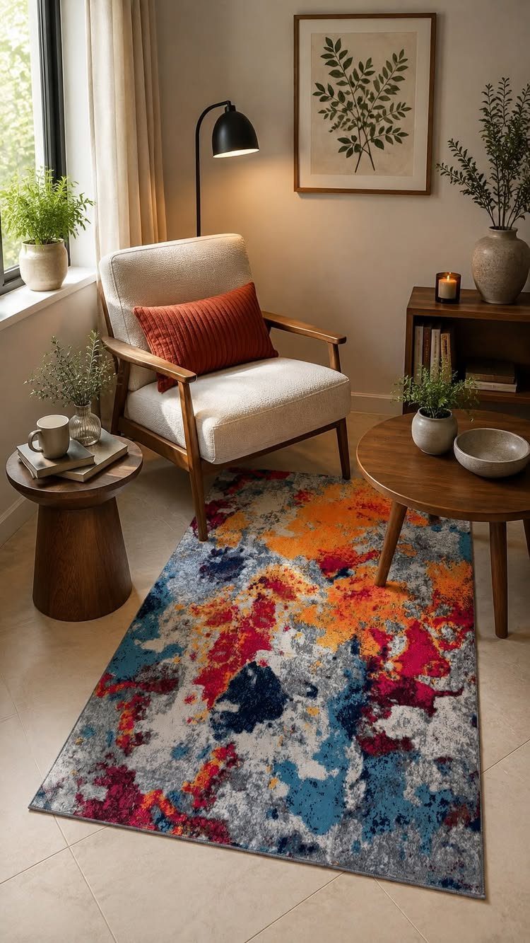 Cozy living room corner with white armchair, colorful abstract rug, and wooden tables.