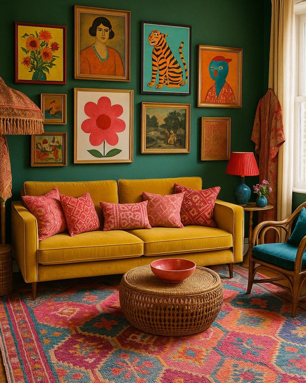Yellow sofa and wicker coffee table in a colorful living room with gallery wall