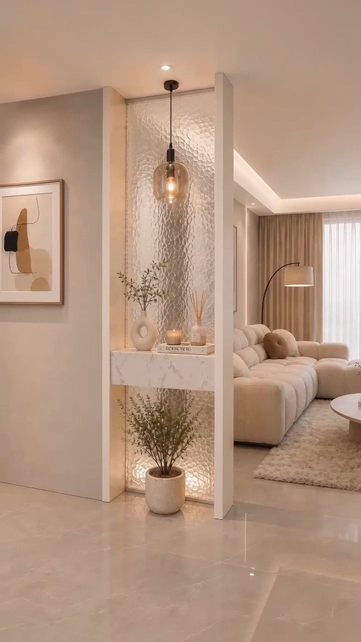 Beige living room with cream walls, white marble console, and light-colored furniture.