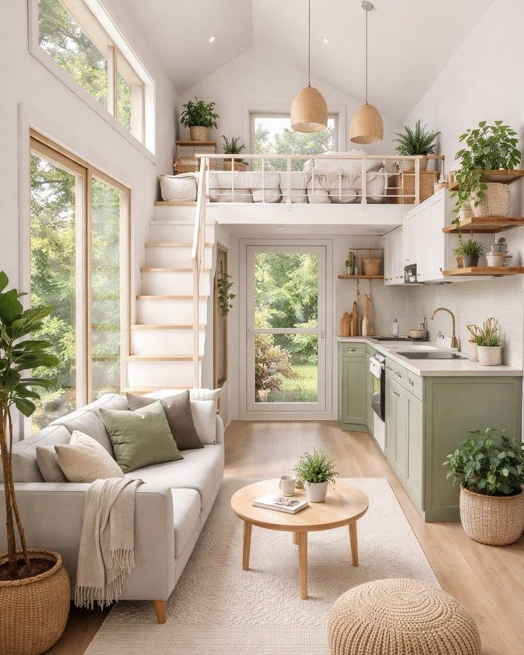 Small living room arrangement with a grey sofa and wooden table in a tiny home.