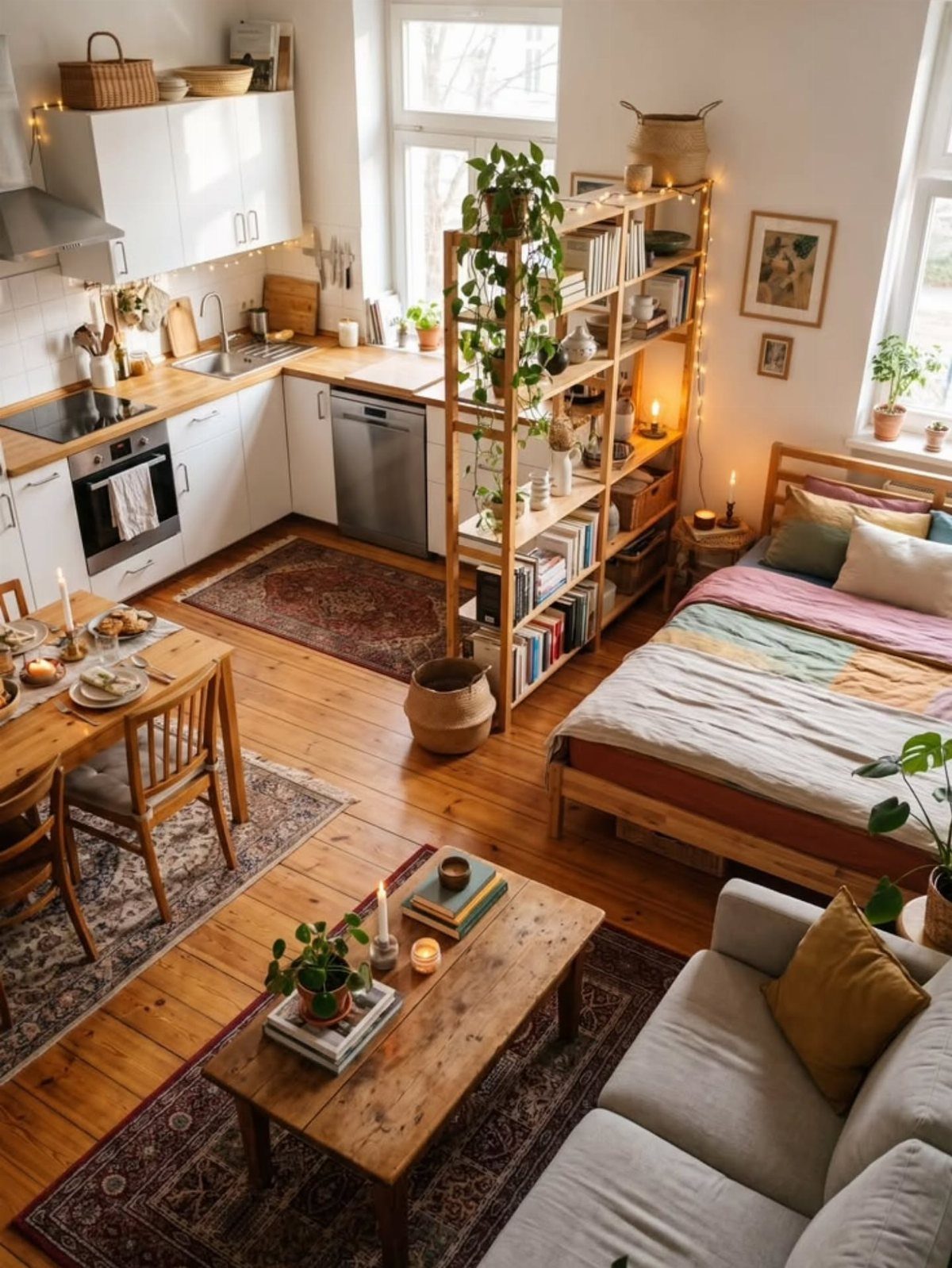 Studio apartment interior with patterned rugs, a grey sofa, and a wooden bed.