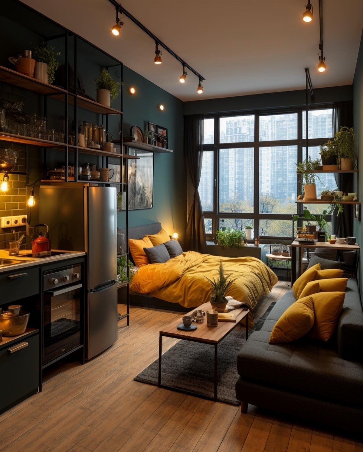 Studio apartment interior with dark teal walls, yellow bedding, and a grey sofa.