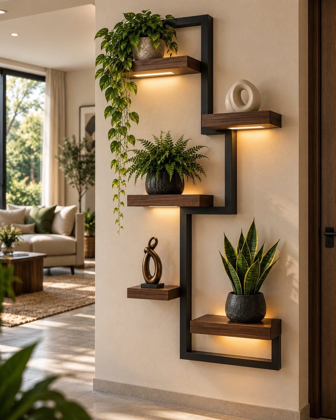 Modern wall-mounted shelves with integrated lighting holding green plants and decorative sculptures.