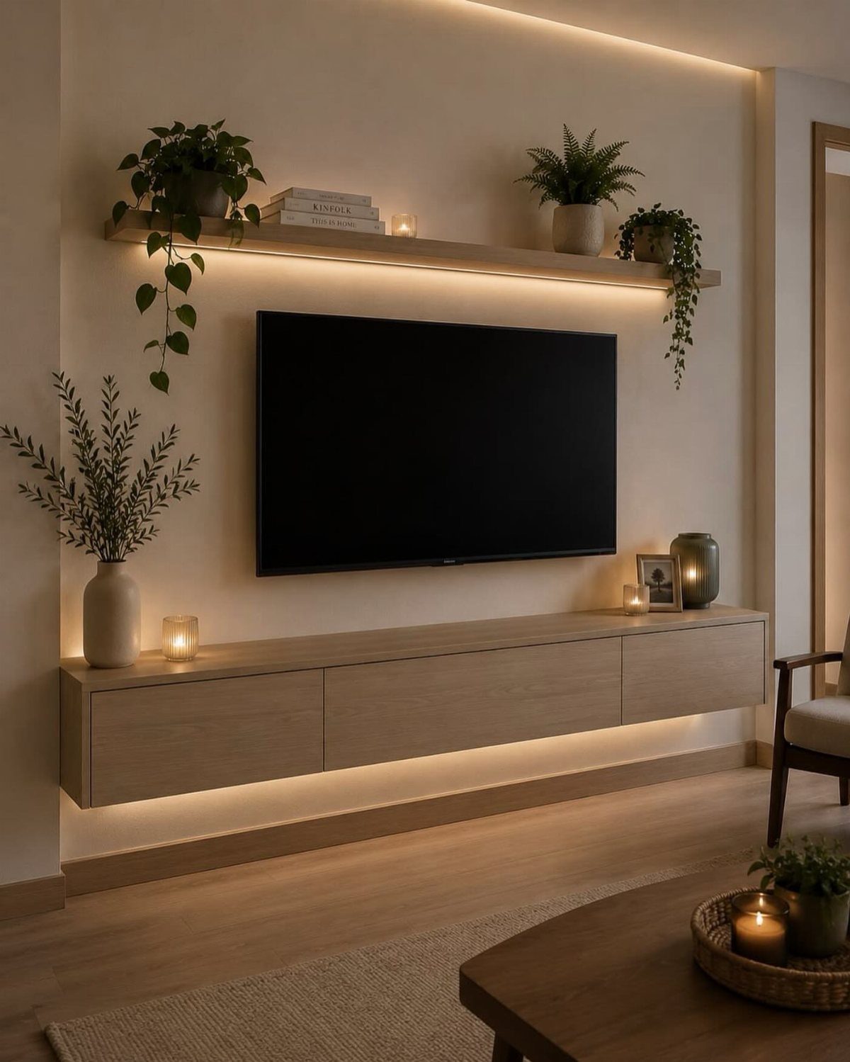 Wall-mounted TV with floating wooden shelves and console in a modern living room.