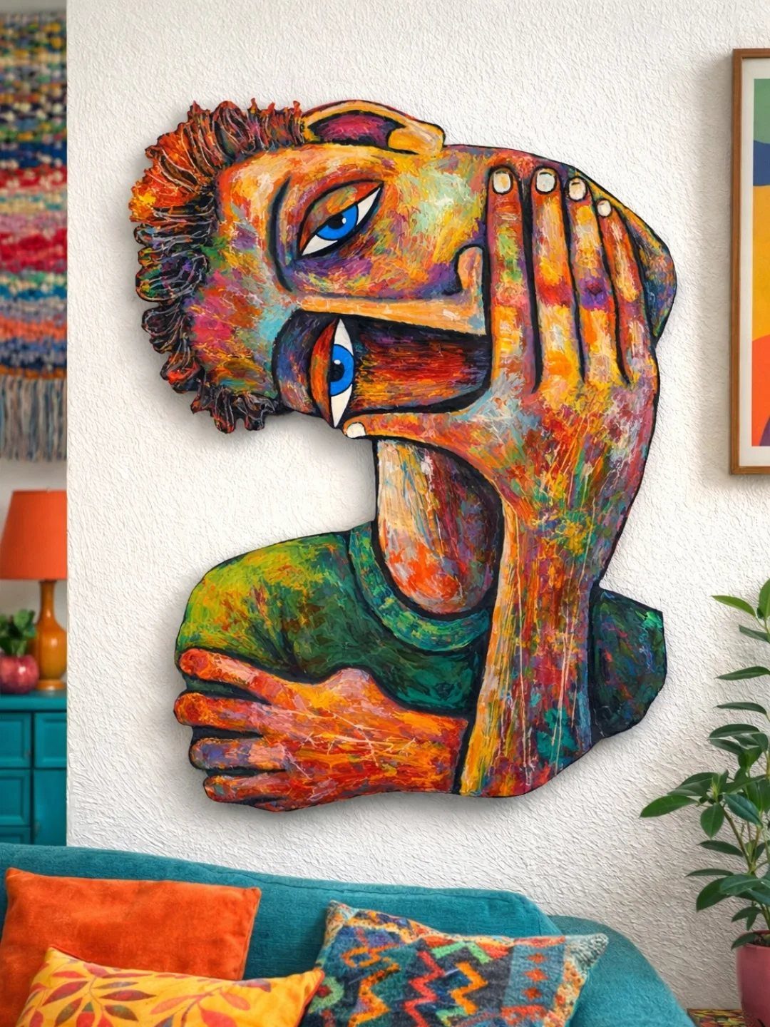 Large colorful abstract painting of a face as a focal point above a sofa