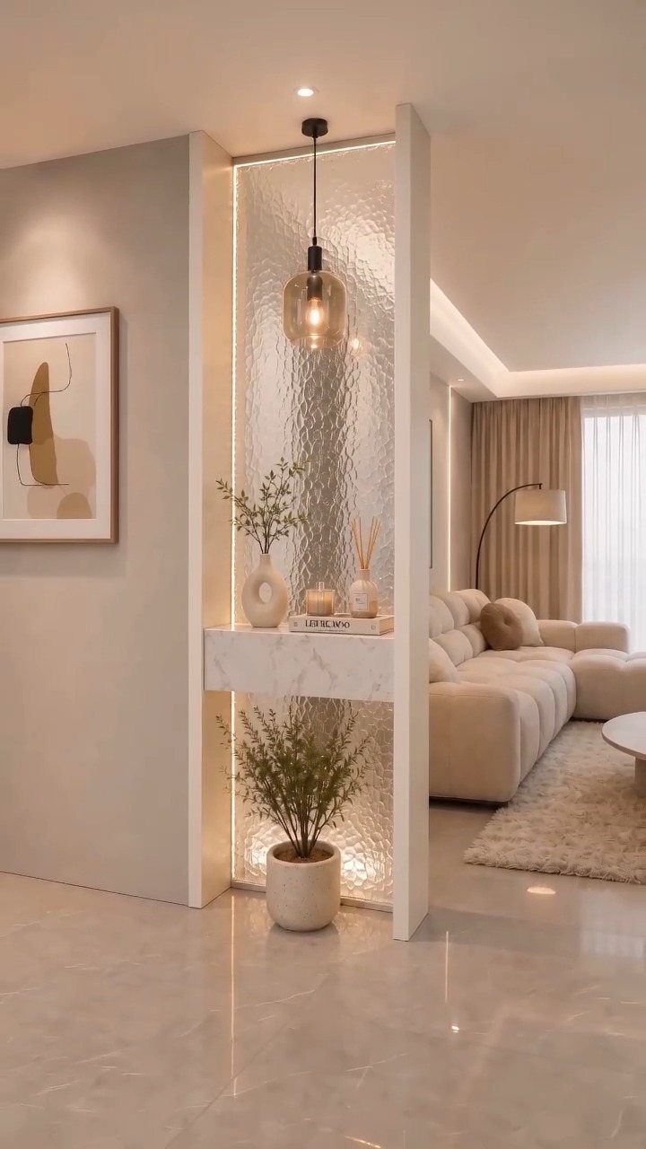 Modern living room with beige sofa, textured glass partition, and neutral color palette.