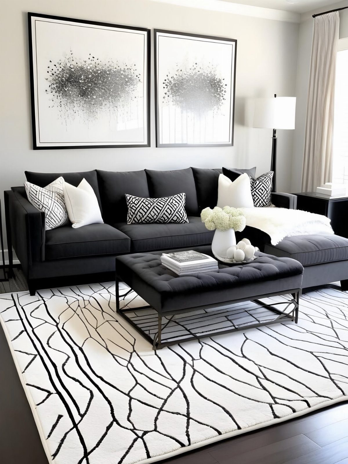 Black sectional sofa and geometric rug in a monochrome black and white living room