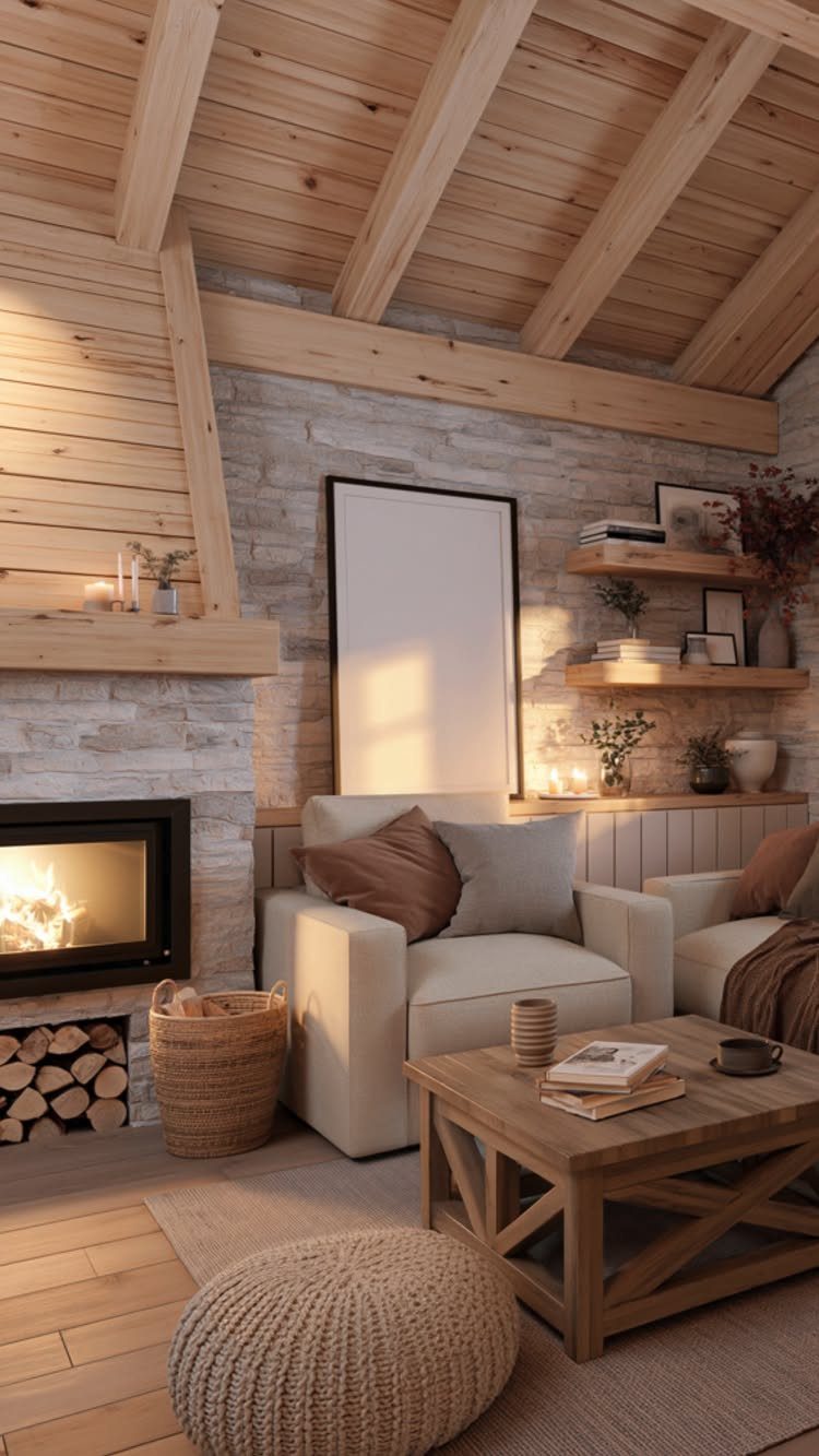 Small built-in fireplace in a white brick wall within a rustic living room.
