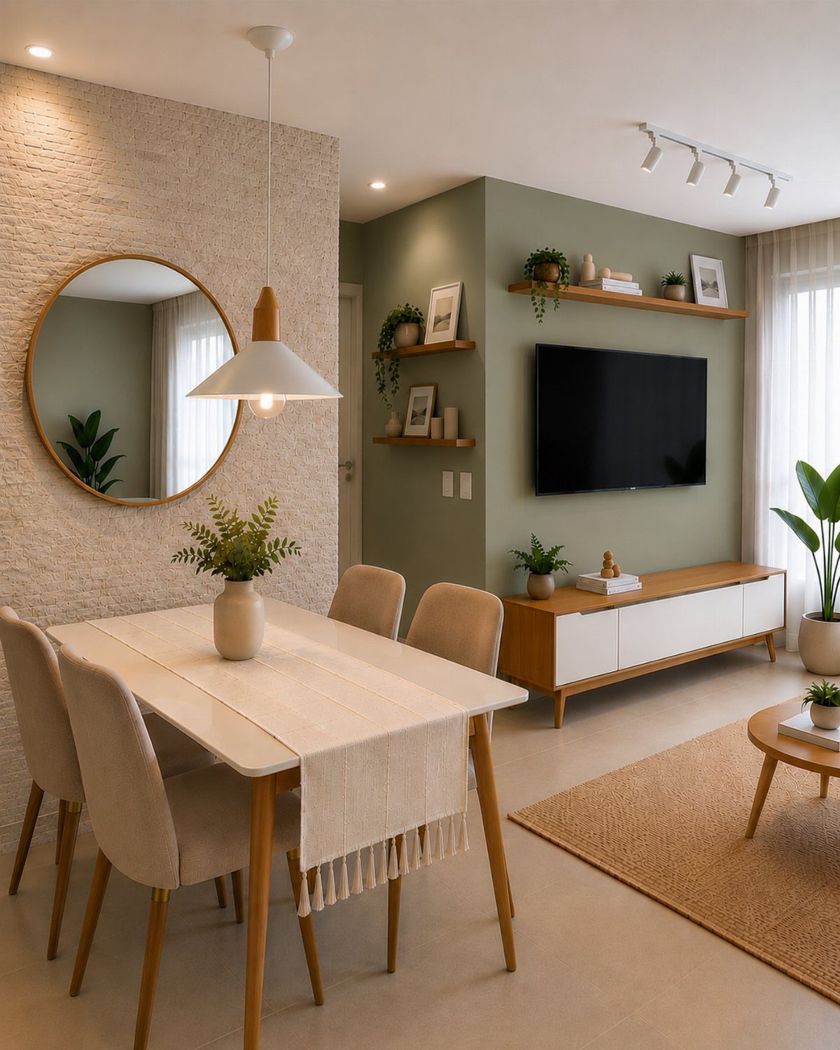 Green accent wall with wall-mounted TV, wooden shelving, and a modern TV stand.