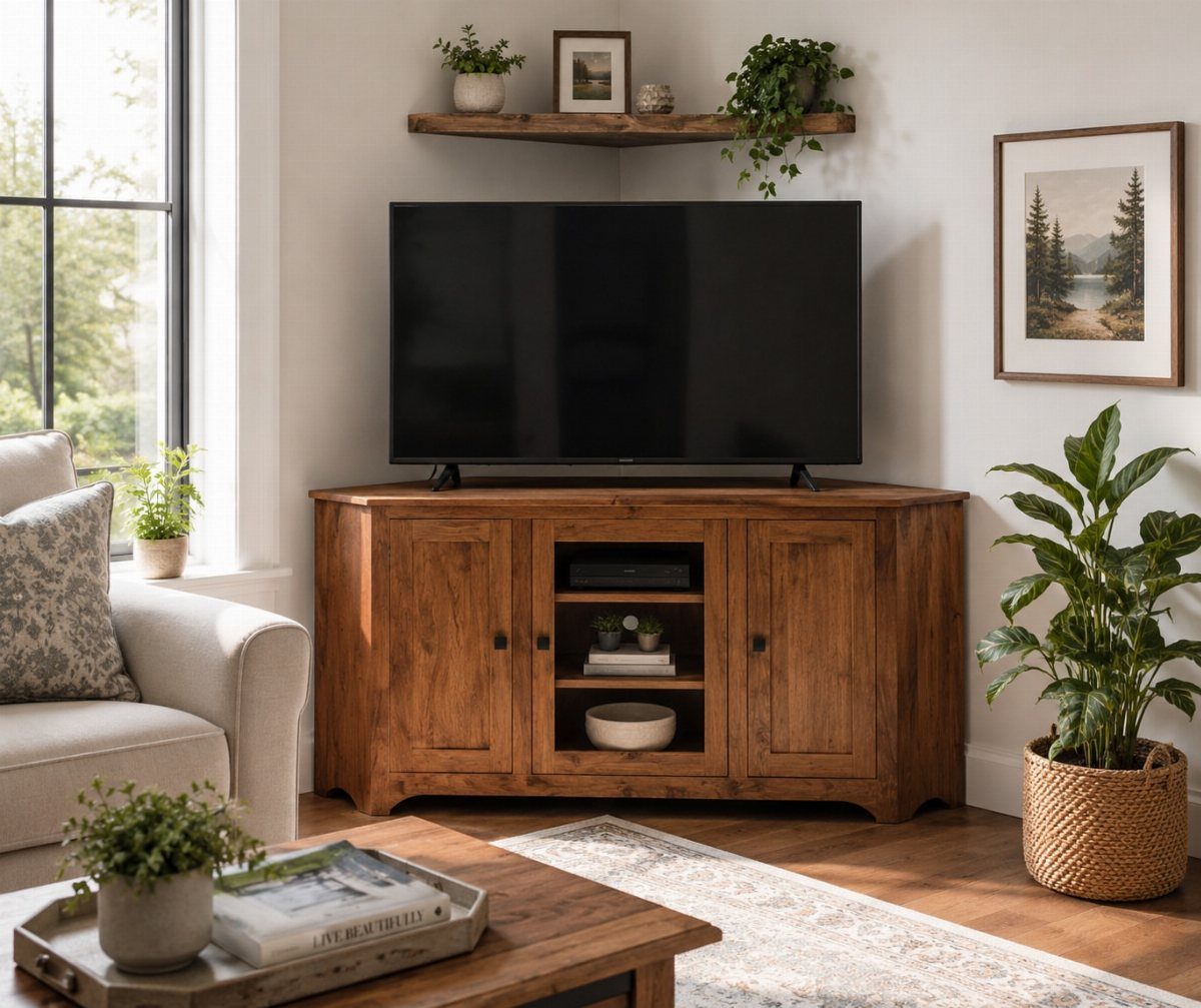 Wooden corner TV stand with a flat-screen television and matching corner wall shelf.