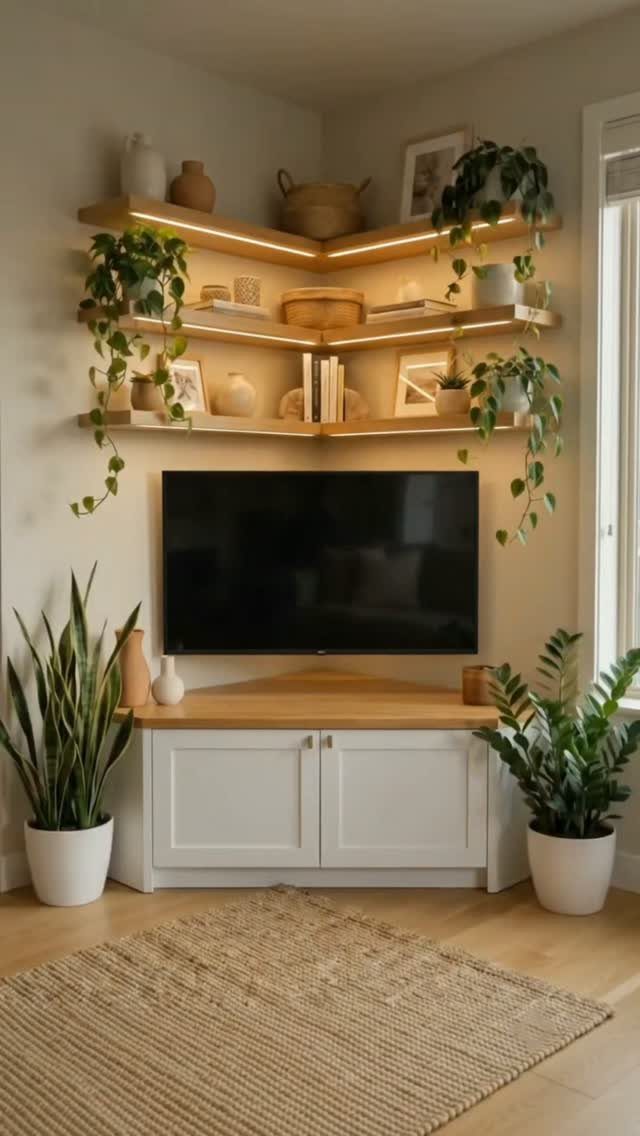 Television in a small living room with illuminated corner floating shelves and plants