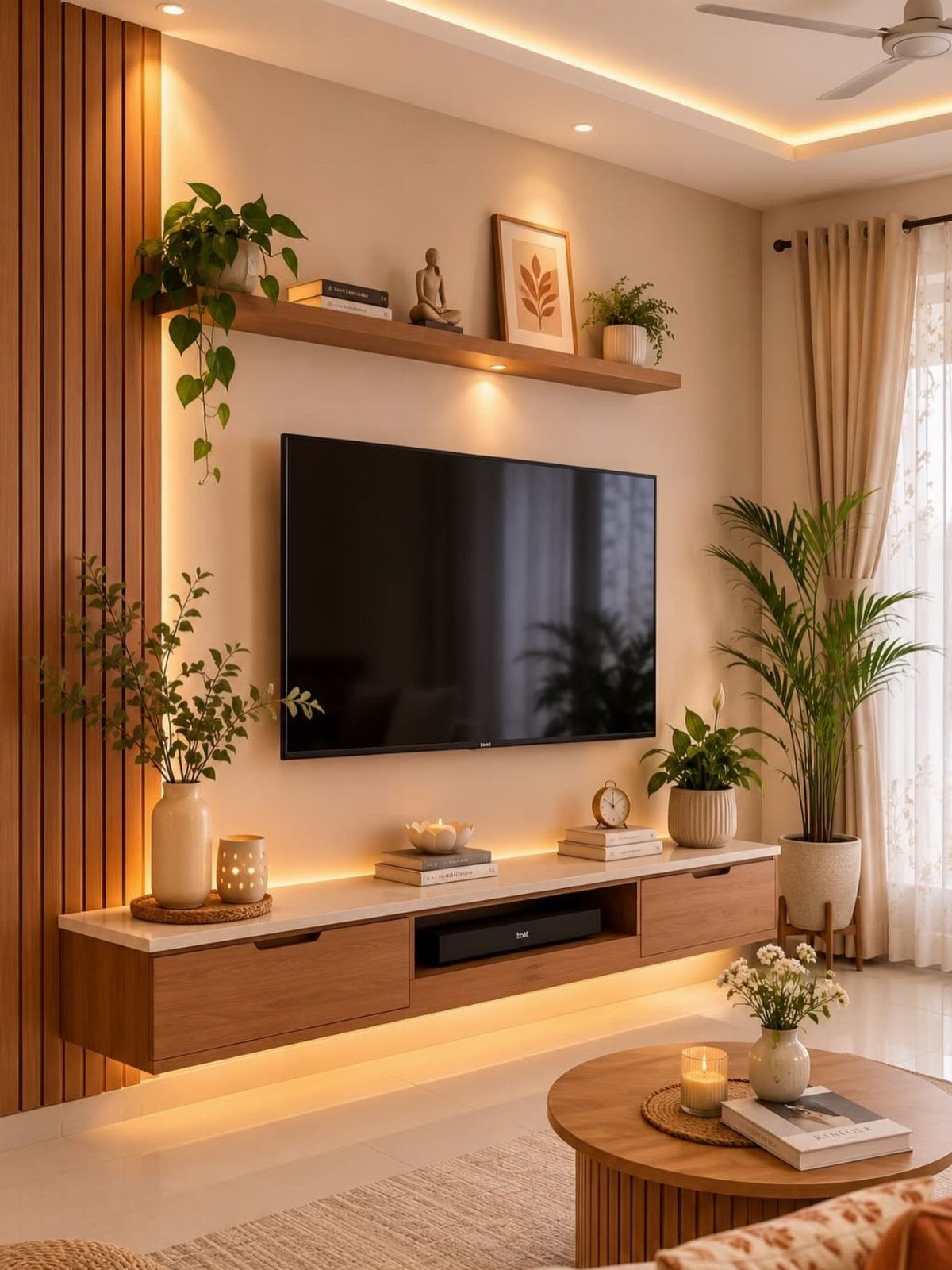 Wall-mounted TV with floating wooden console, warm LED lighting, and indoor plants.