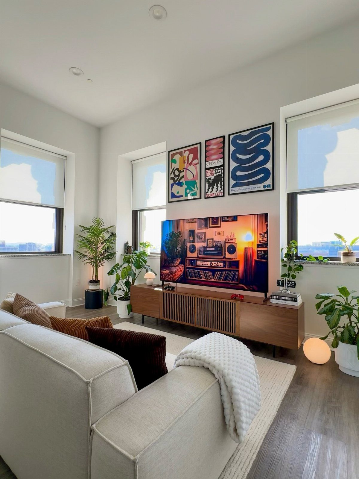Light-colored rug under a wooden TV stand and sofa in a modern living room.