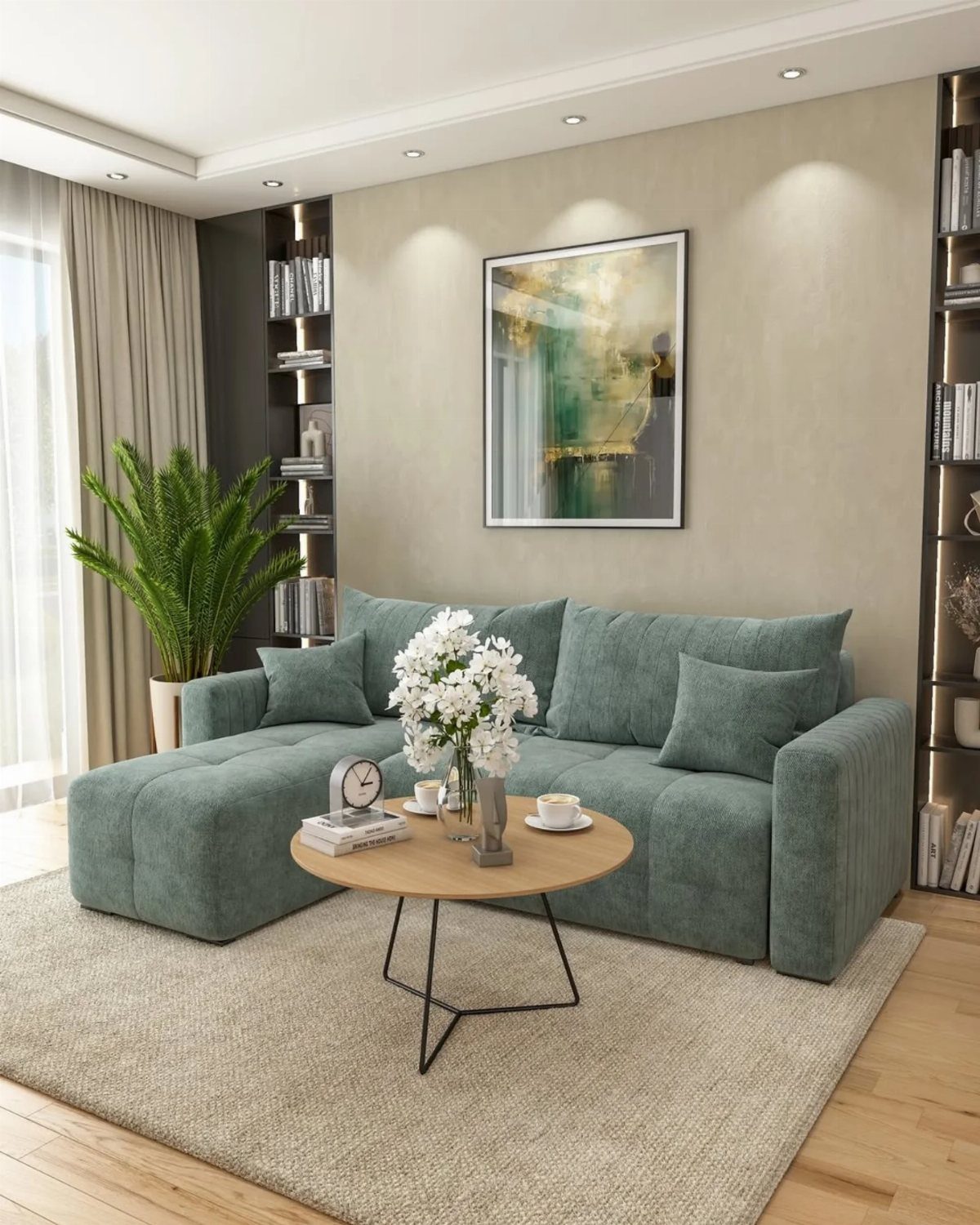Teal sectional sofa with a round wooden coffee table in a modern living room