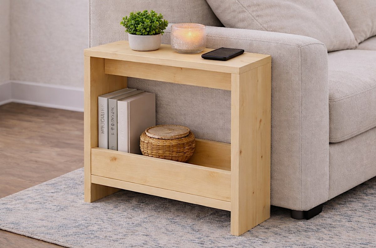 Slim wooden side table with a shelf next to a beige sofa