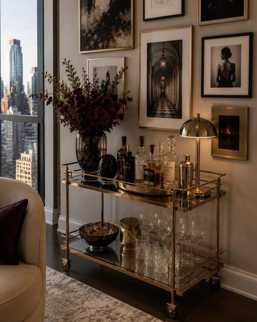 Gold glass bar cart with liquor bottles and flowers against a gallery wall