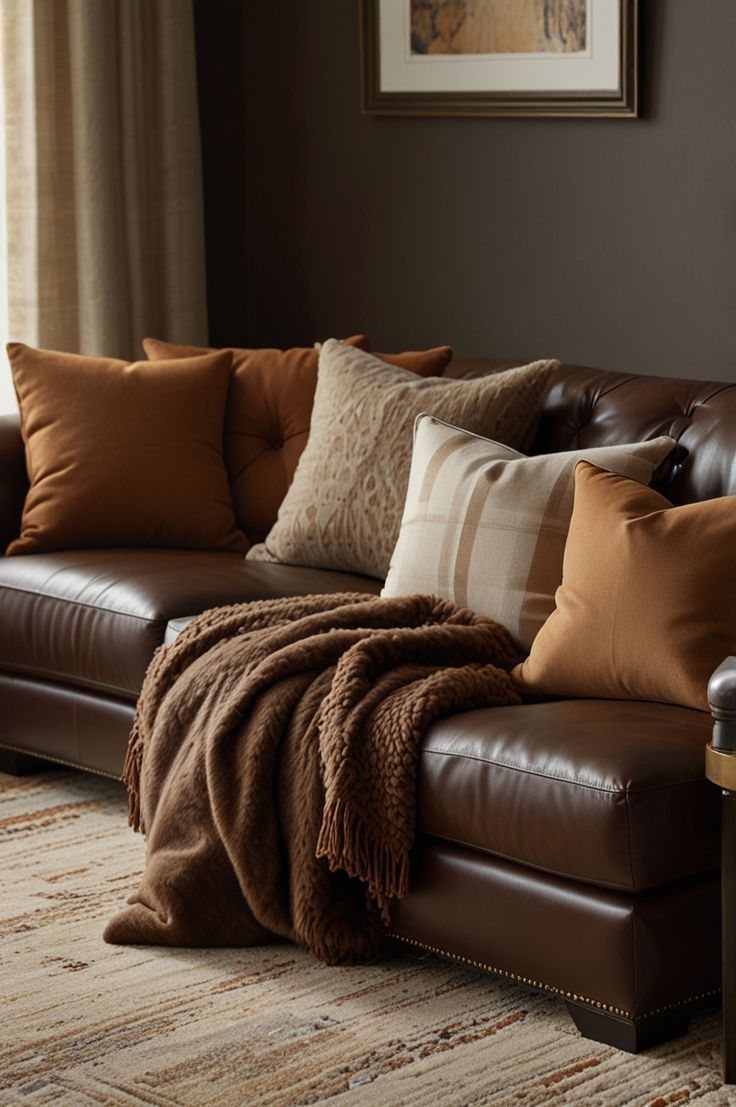 Brown leather couch with various brown and cream textured throw pillows and blanket.
